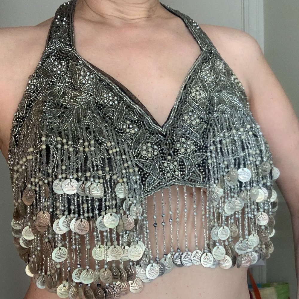 Belly dance top. Bedle. Choli  Heavy coins that are silver color. Velcro closure